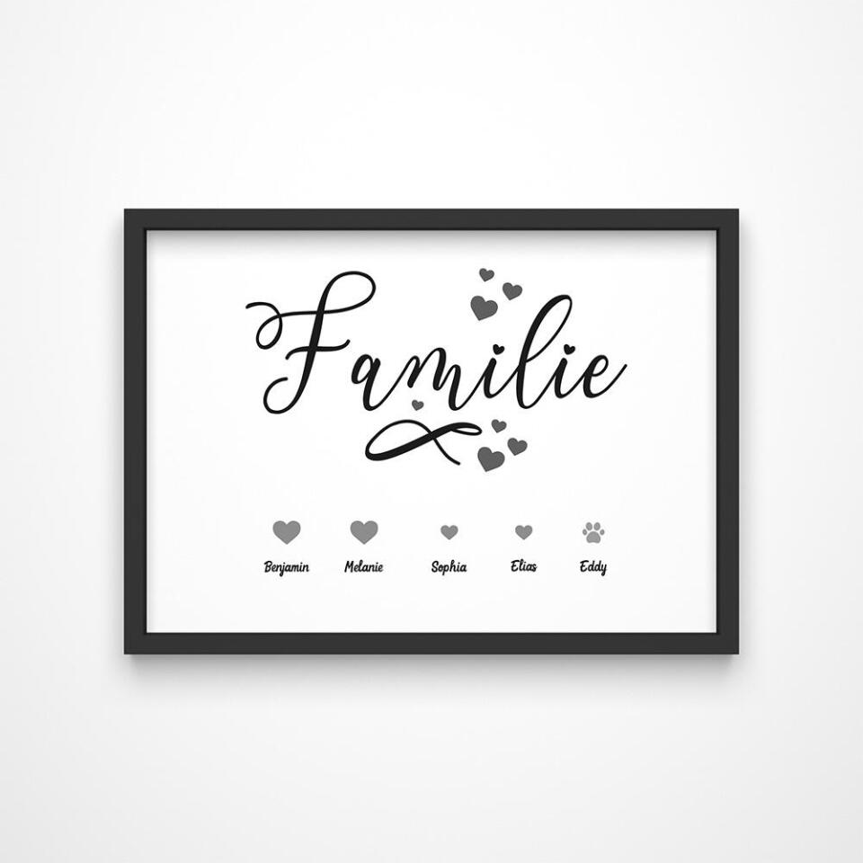 Personalisierte Poster in schwarzer Rahmenoptik mit Herzmotiv, Namen und Datum für Familienfotos