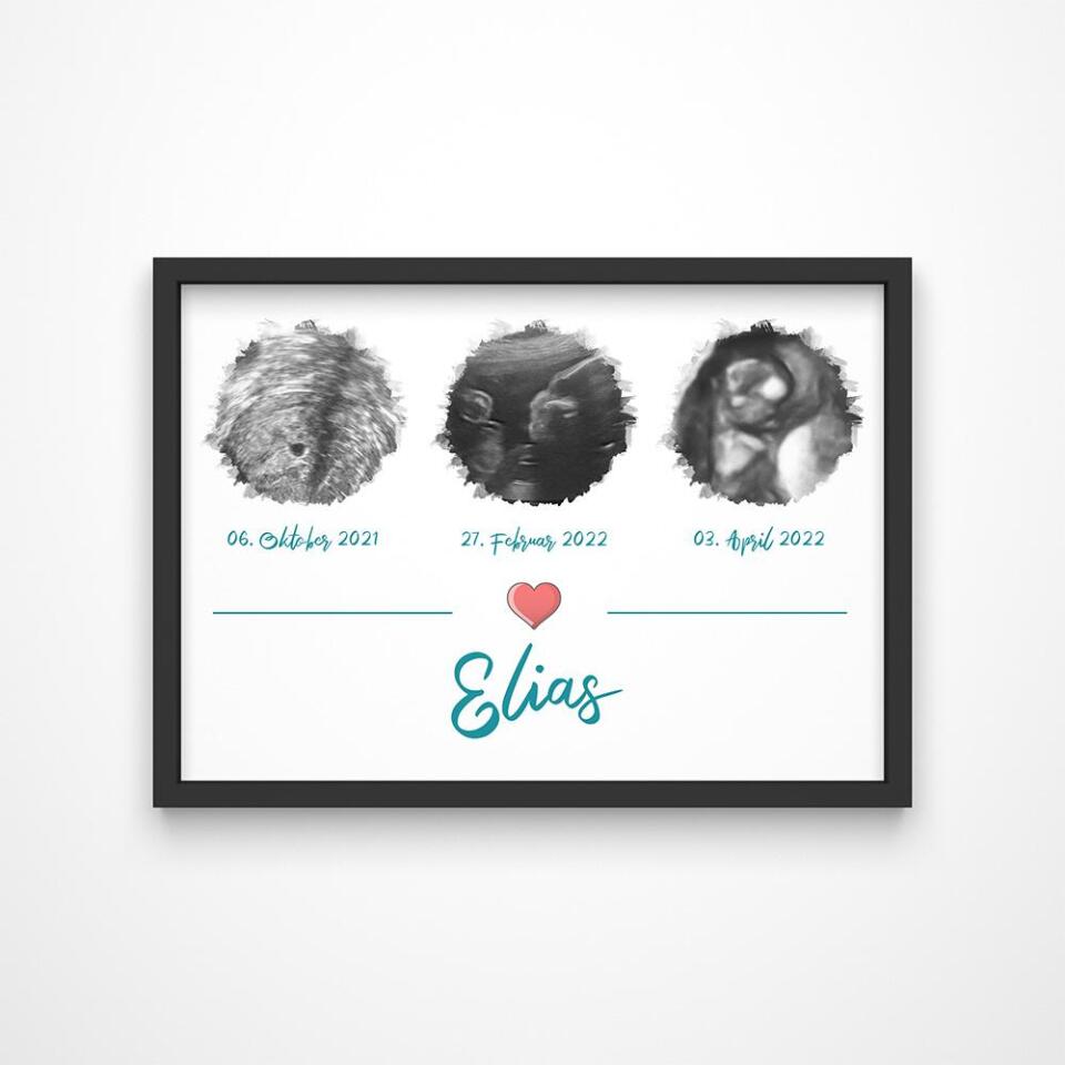 Ultraschall Geschenk mit 3 Bildern • Personalisiertes Baby Erinnerungsbild mit Name und Datum • Schwangerschafts Erinnerung Poster