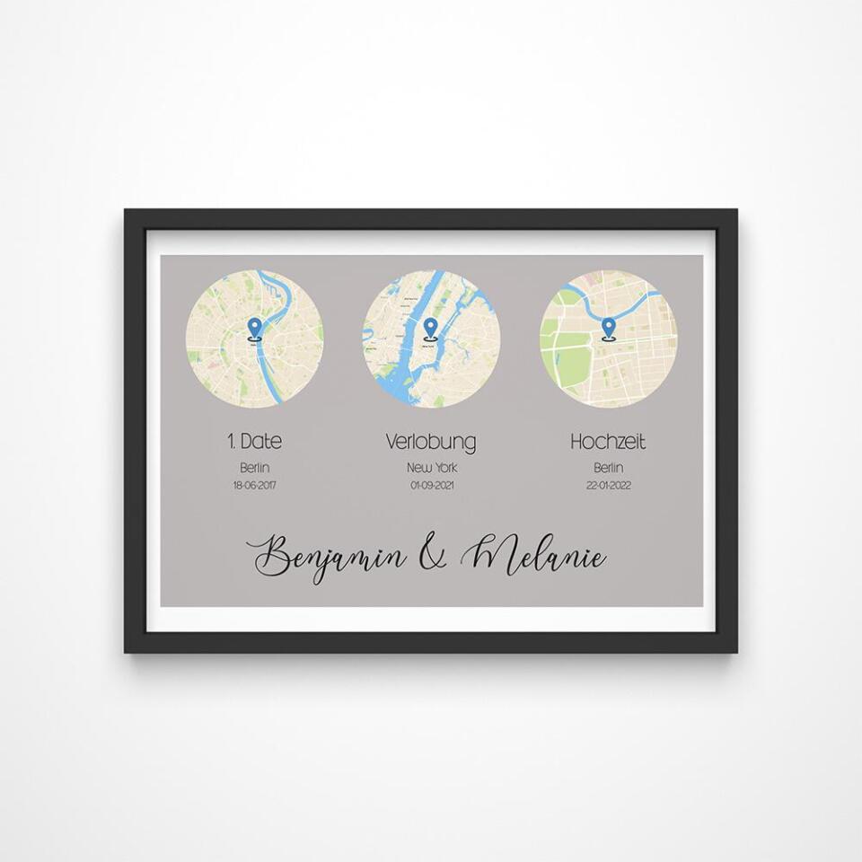 personalisiertes Karten Poster mit Herz - drei Orte