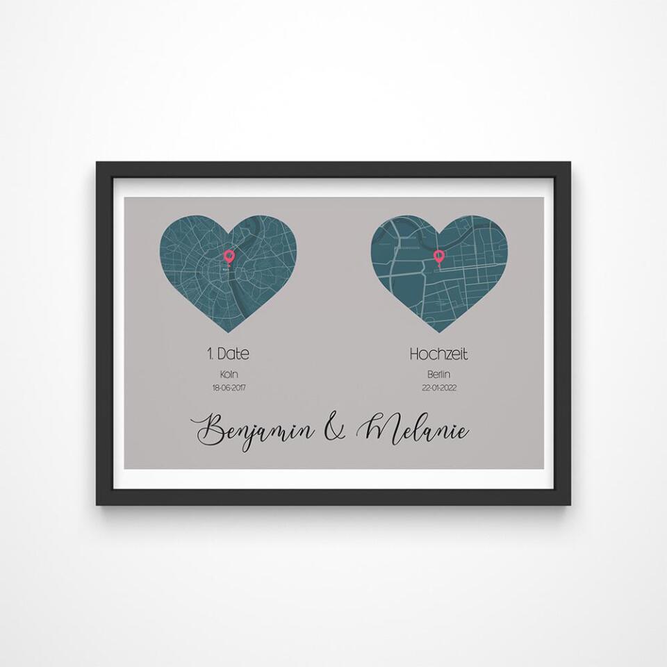 Personalisierte Karten mit zwei Orten • Herzdesign • Geschenk zur Hochzeit oder zum Kennenlernen mit Namen und Datum