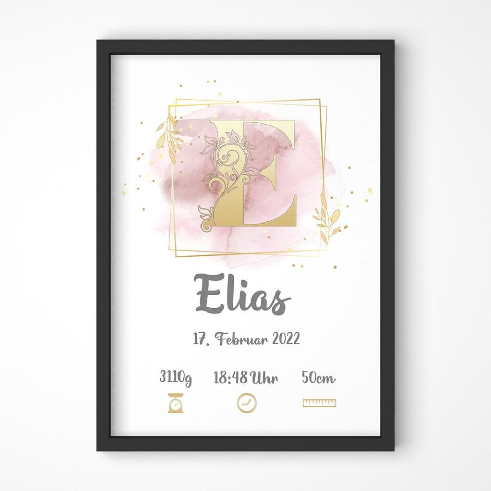 Individuelles Babybild mit Initiale • Name, Datum, Gewicht & Größe • Personalisiertes Geschenk zur Geburt