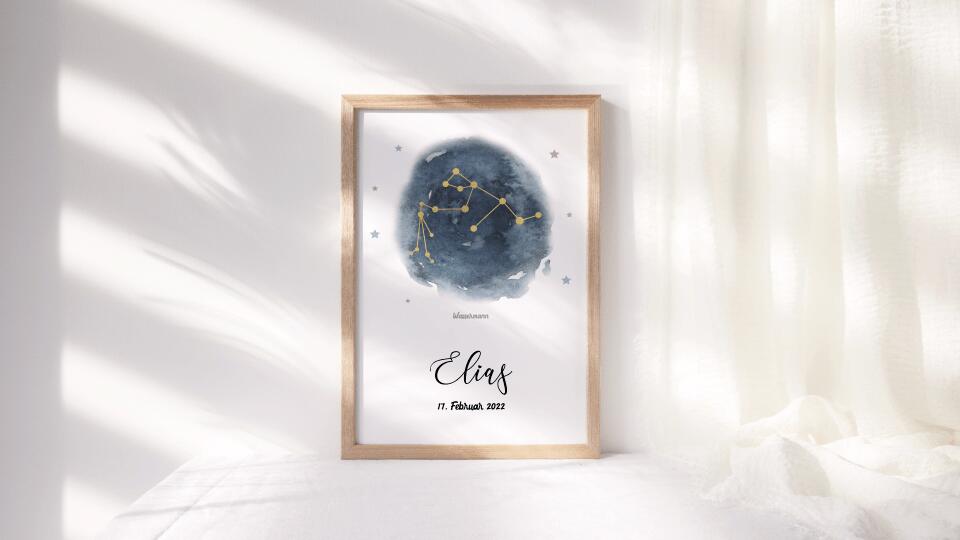 Personalisiertes Sternzeichen Bild zur Geburt • Sternbild Poster mit Name und Datum • Geschenk fürs Baby und moderne Kinderzimmer Deko