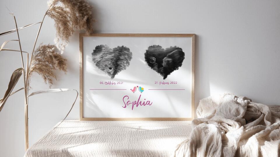 Ultraschall Poster Herz mit 2 Bildern • Personalisiertes Babybild mit Name, Datum • Geschenk zur Schwangerschaft oder Geburt