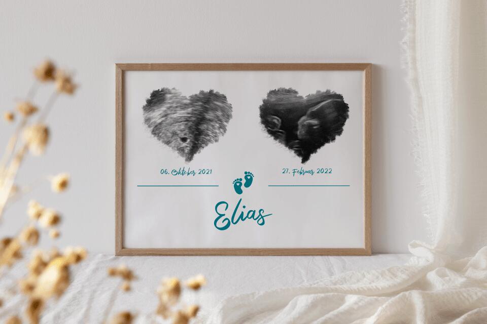 Ultraschall Poster Herz mit 2 Bildern • Personalisiertes Babybild mit Name, Datum • Geschenk zur Schwangerschaft oder Geburt