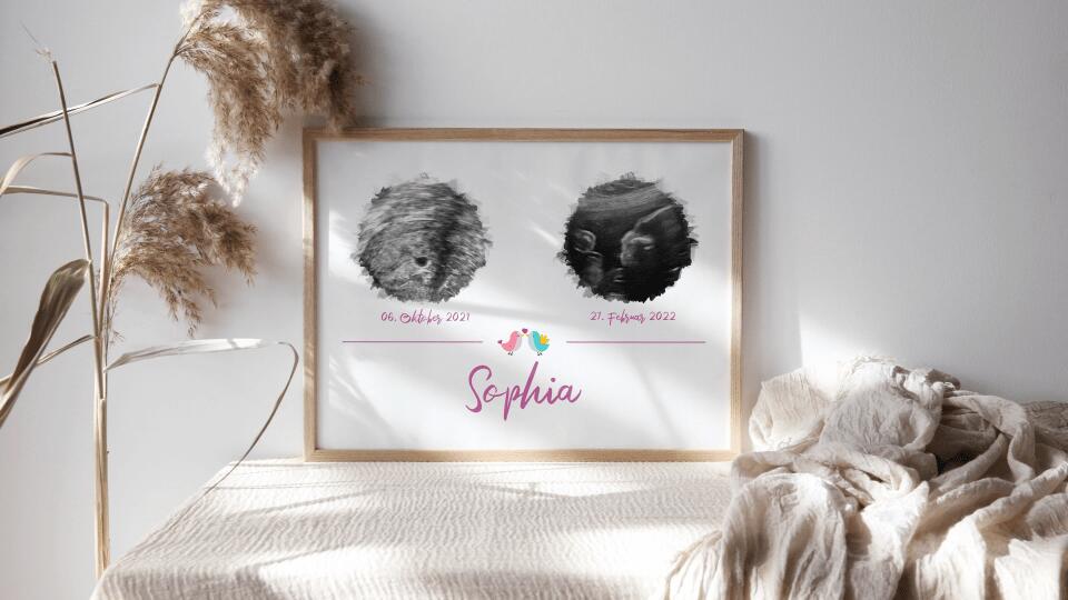 Personalisiertes Ultraschall Geschenk • Poster mit 2 Babybildern • Erinnerung an Schwangerschaft & Babyglück