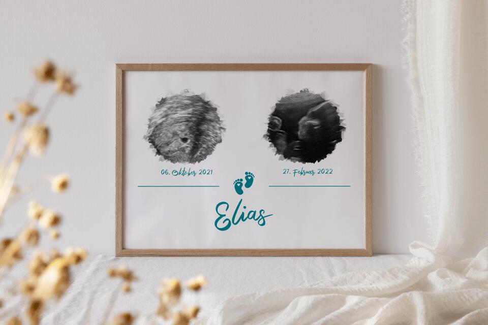 Personalisiertes Ultraschall Geschenk • Poster mit 2 Babybildern • Erinnerung an Schwangerschaft & Babyglück