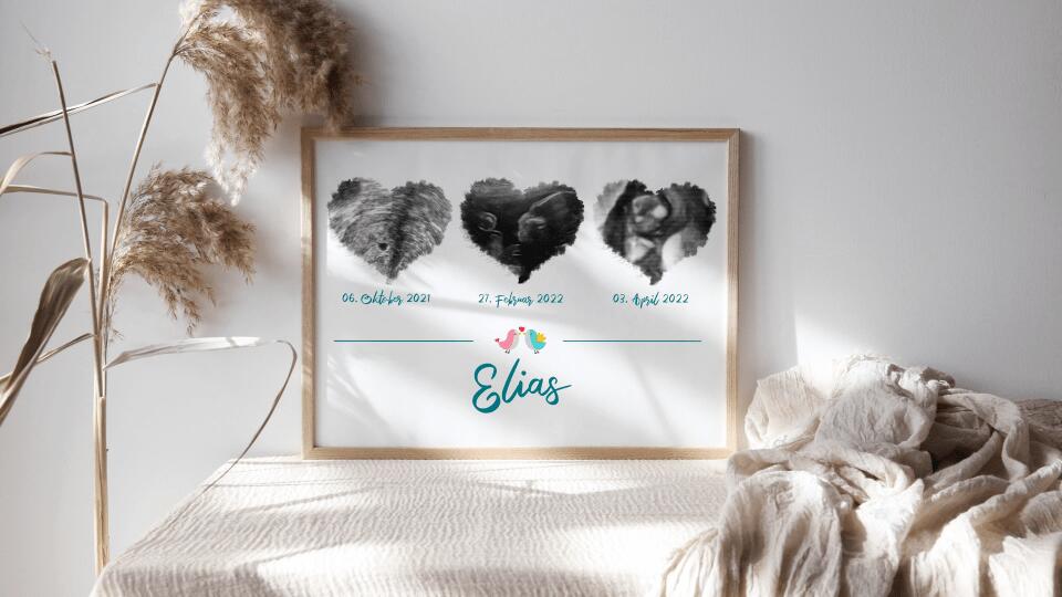 Ultraschallbild Herz mit 3 Bildern personalisiert • Geschenk zur Schwangerschaft • Baby Poster mit Name und Datum als Erinnerung