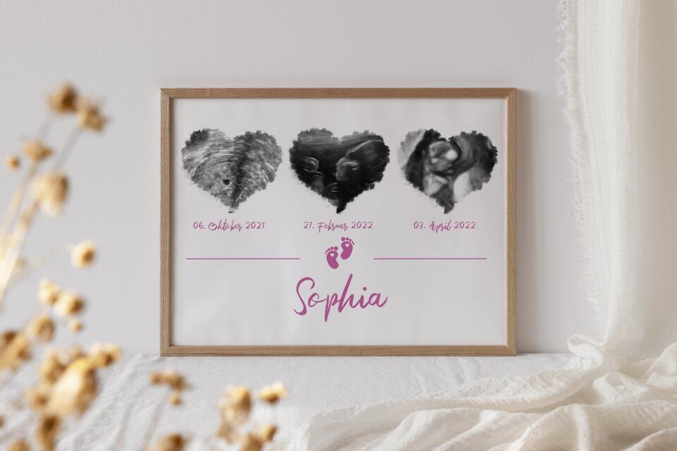 Ultraschallbild Herz mit 3 Bildern personalisiert • Geschenk zur Schwangerschaft • Baby Poster mit Name und Datum als Erinnerung