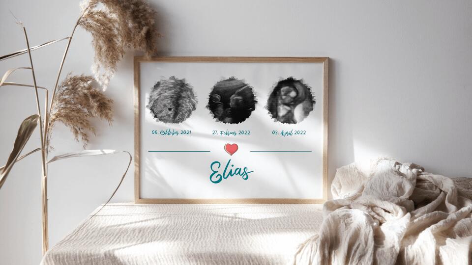 Ultraschall Geschenk mit 3 Bildern • Personalisiertes Baby Erinnerungsbild mit Name und Datum • Schwangerschafts Erinnerung Poster