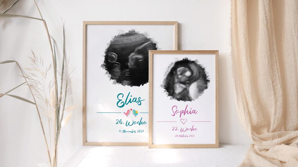 Ultraschallbild personalisiert • Baby Poster mit Foto, Name, Datum und Wunschtext • Geschenk zur Schwangerschaft oder Babyerinnerung
