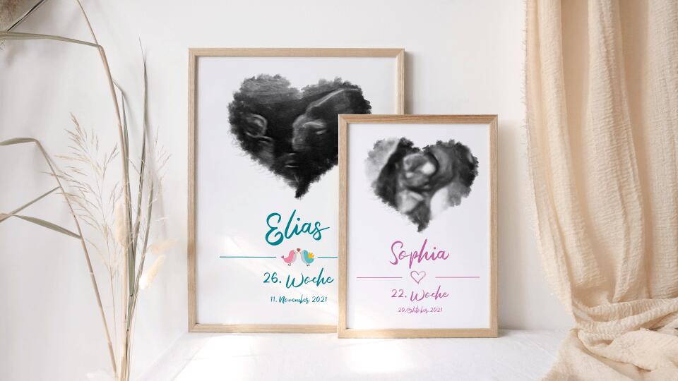 Ultraschall Bild personalisiert • Baby Andenken mit Foto in Herzform • Name und Datum • Geschenk für werdende Eltern