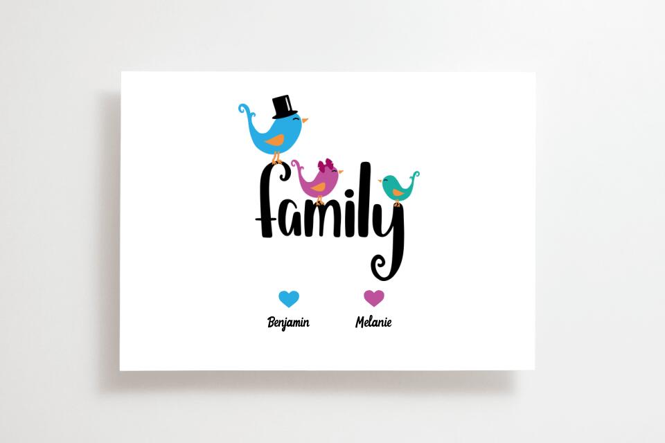 Personalisiertes Familienbild "Family" mit Herz • Mit Namen, Hund & Katze • Geschenk für Familie und Haustierliebhaber