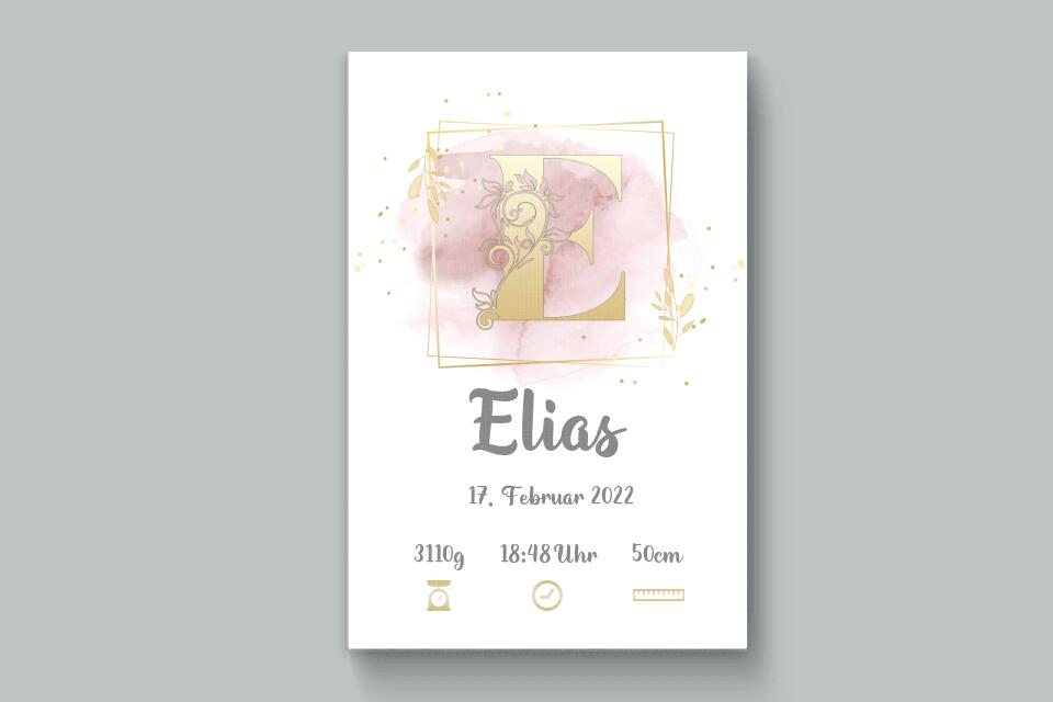 Individuelles Babybild mit Initiale • Name, Datum, Gewicht & Größe • Personalisiertes Geschenk zur Geburt
