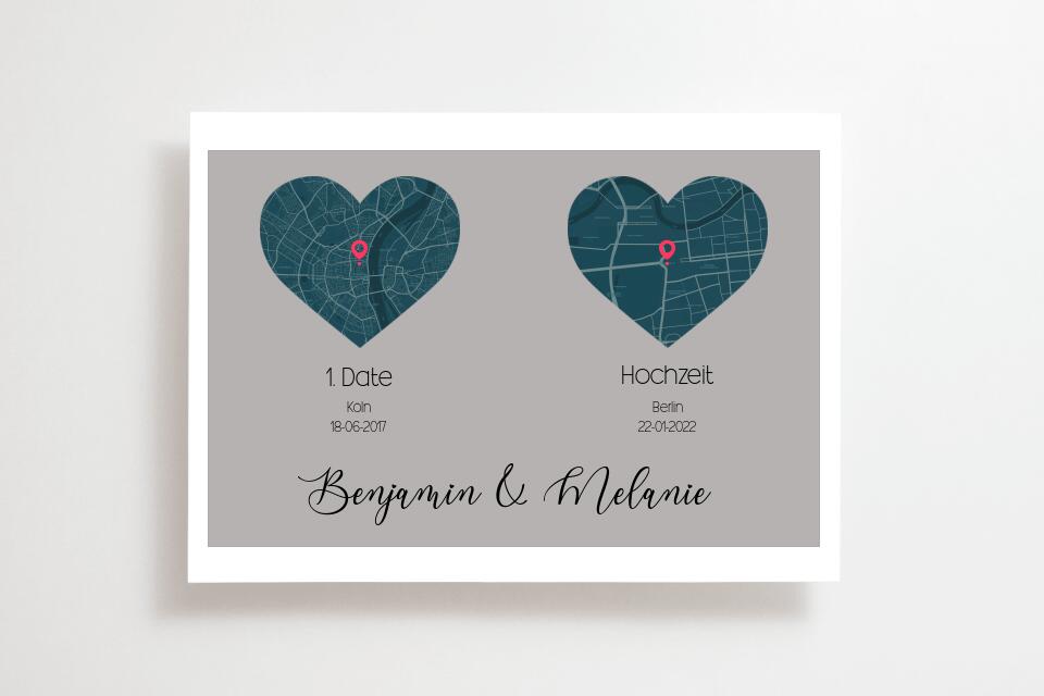 Personalisierte Karten mit zwei Orten • Herzdesign • Geschenk zur Hochzeit oder zum Kennenlernen mit Namen und Datum