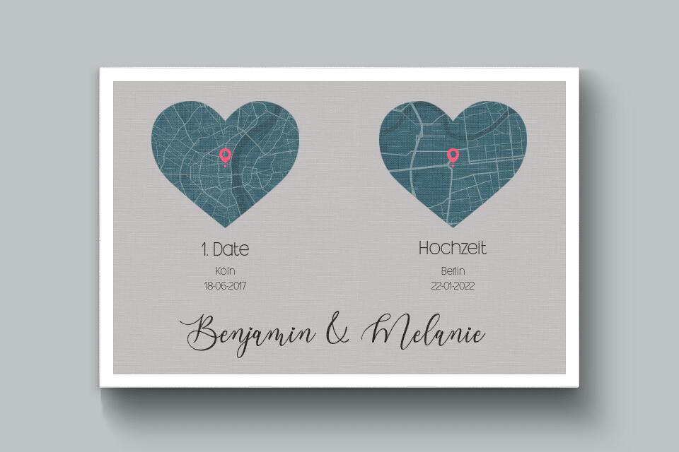 Personalisierte Karten mit zwei Orten • Herzdesign • Geschenk zur Hochzeit oder zum Kennenlernen mit Namen und Datum