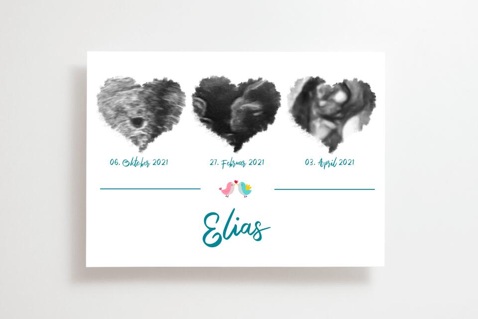 Ultraschallbild Herz mit 3 Bildern personalisiert • Geschenk zur Schwangerschaft • Baby Poster mit Name und Datum als Erinnerung