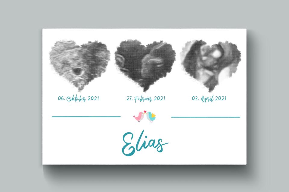 Ultraschallbild Herz mit 3 Bildern personalisiert • Geschenk zur Schwangerschaft • Baby Poster mit Name und Datum als Erinnerung