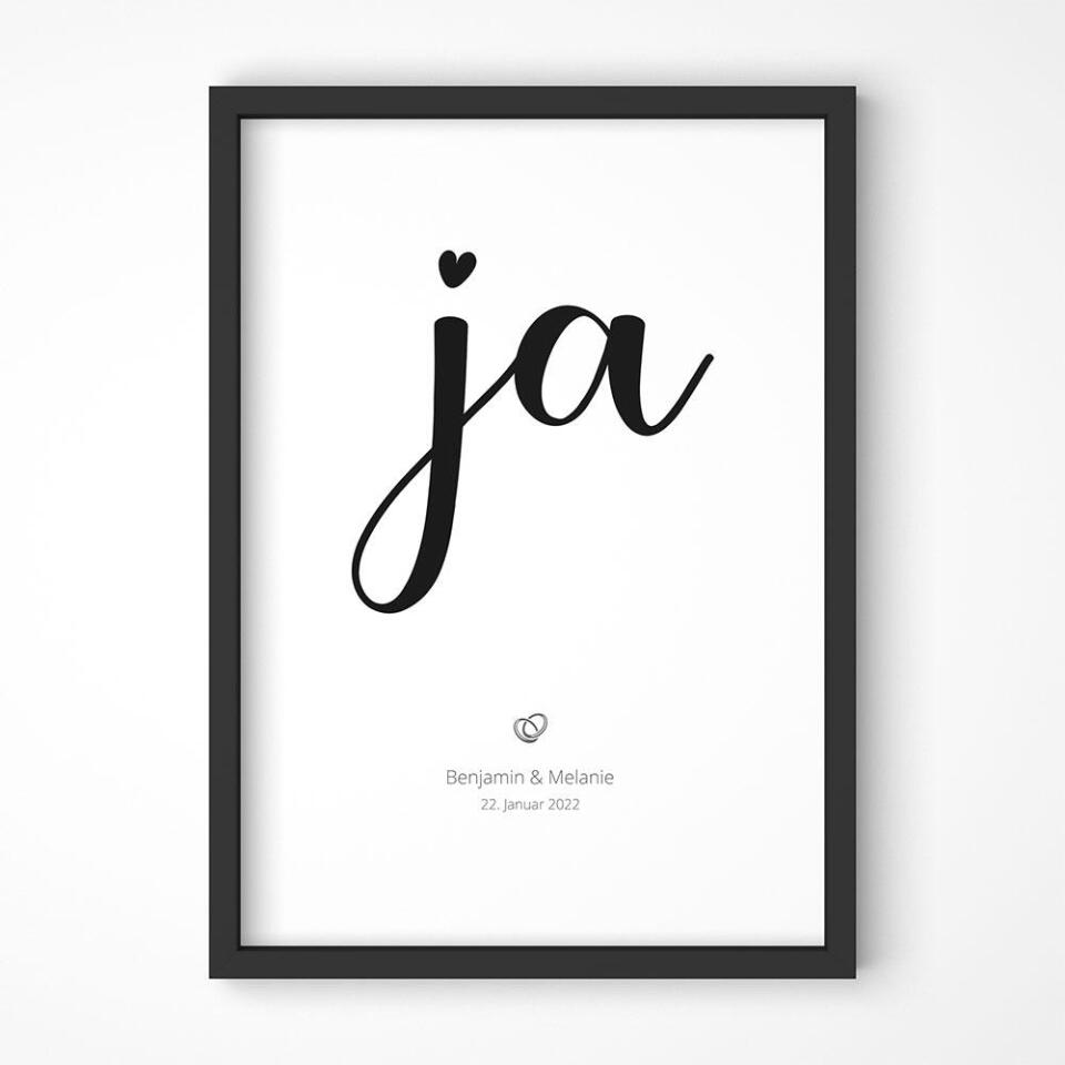 Hochzeitsposter mit Ja Motiv • Personalisiertes Erinnerungsbild mit Namen und Datum • Geschenk zur Trauung oder Hochzeitsdekoration