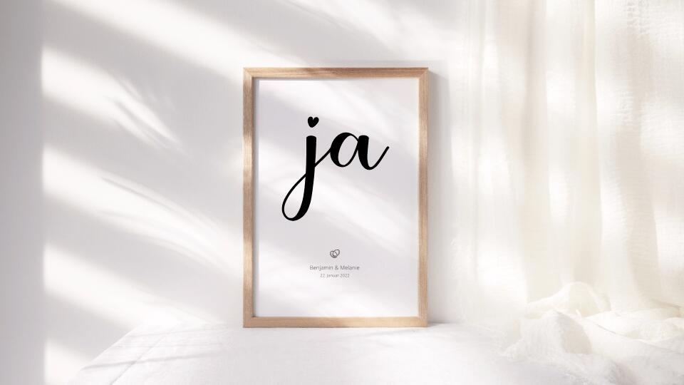 Hochzeitsposter mit Ja Motiv • Personalisiertes Erinnerungsbild mit Namen und Datum • Geschenk zur Trauung oder Hochzeitsdekoration