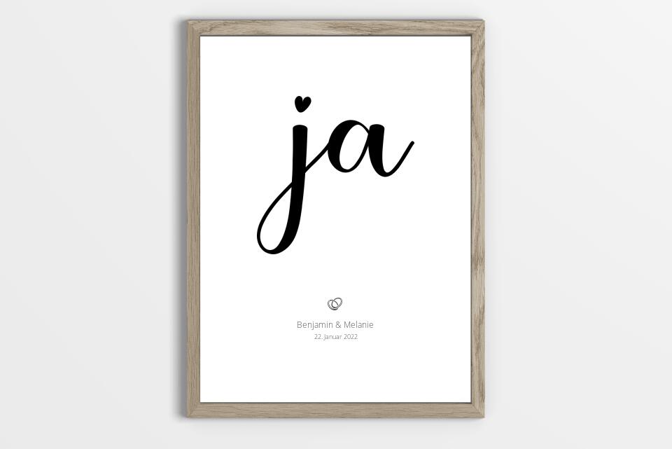 Hochzeitsposter mit Ja Motiv • Personalisiertes Erinnerungsbild mit Namen und Datum • Geschenk zur Trauung oder Hochzeitsdekoration