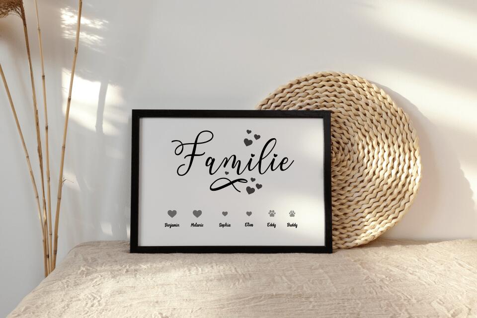 Personalisiertes Familienbild mit Herz und Namen • Hund und Katze • Geschenk für Familie • Individuelles Familienposter Haustier