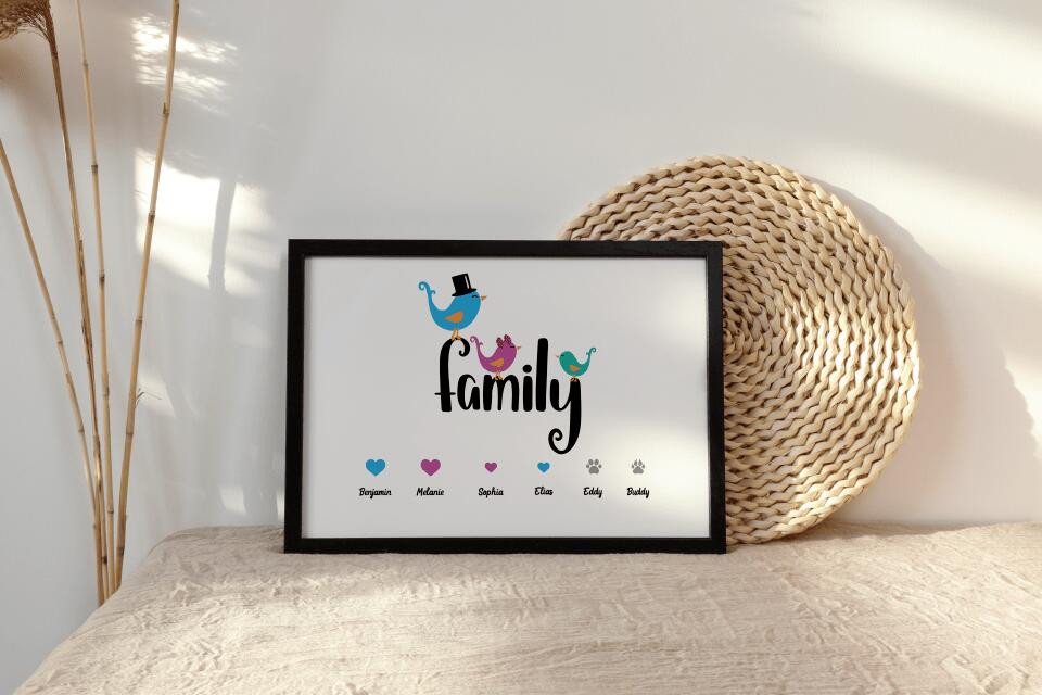 Personalisiertes Familienbild "Family" mit Herz • Mit Namen, Hund & Katze • Geschenk für Familie und Haustierliebhaber