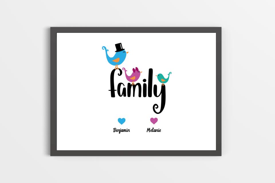 Personalisiertes Familienbild "Family" mit Herz • Mit Namen, Hund & Katze • Geschenk für Familie und Haustierliebhaber