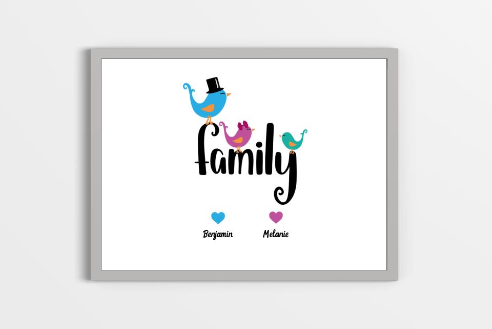 Personalisiertes Familienbild "Family" mit Herz • Mit Namen, Hund & Katze • Geschenk für Familie und Haustierliebhaber