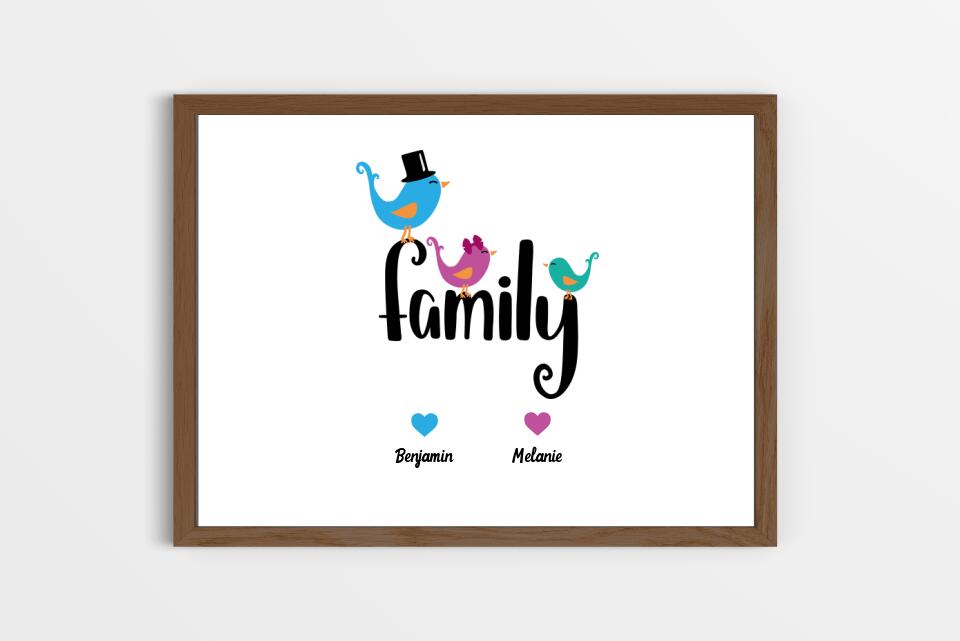 Personalisiertes Familienbild "Family" mit Herz • Mit Namen, Hund & Katze • Geschenk für Familie und Haustierliebhaber