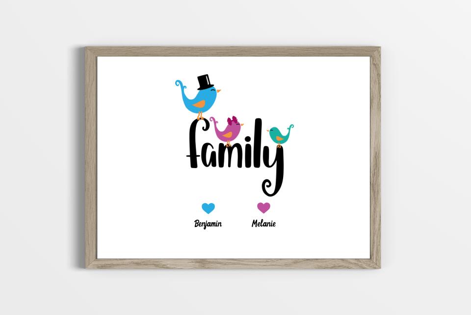 Personalisiertes Familienbild "Family" mit Herz • Mit Namen, Hund & Katze • Geschenk für Familie und Haustierliebhaber