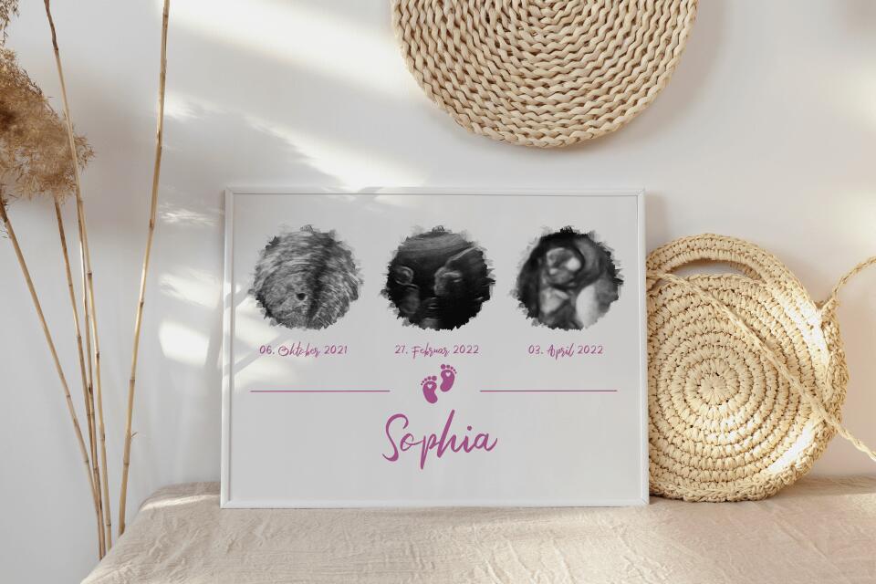 Ultraschall Geschenk mit 3 Bildern • Personalisiertes Baby Erinnerungsbild mit Name und Datum • Schwangerschafts Erinnerung Poster