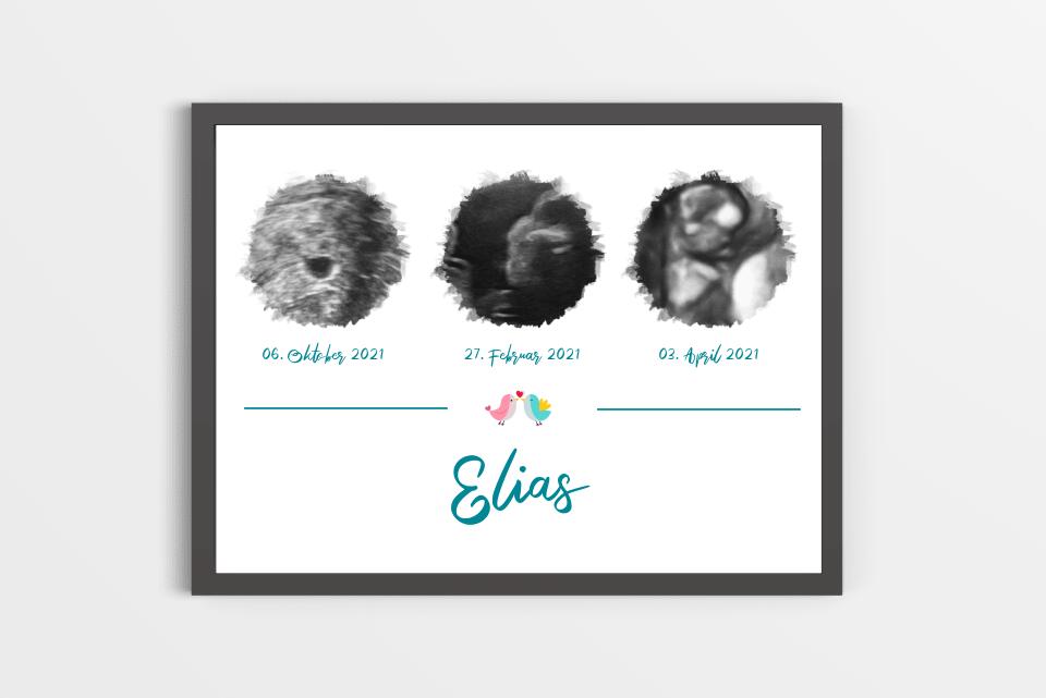 Ultraschall Geschenk mit 3 Bildern • Personalisiertes Baby Erinnerungsbild mit Name und Datum • Schwangerschafts Erinnerung Poster