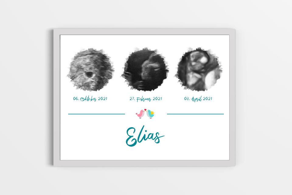Ultraschall Geschenk mit 3 Bildern • Personalisiertes Baby Erinnerungsbild mit Name und Datum • Schwangerschafts Erinnerung Poster