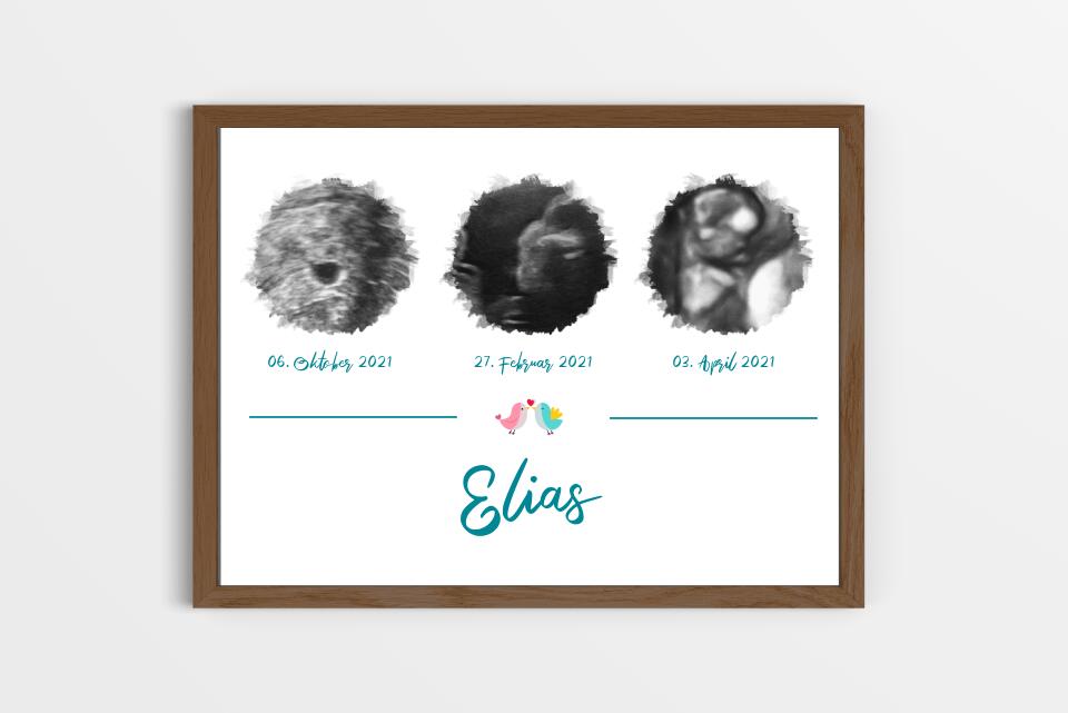 Ultraschall Geschenk mit 3 Bildern • Personalisiertes Baby Erinnerungsbild mit Name und Datum • Schwangerschafts Erinnerung Poster