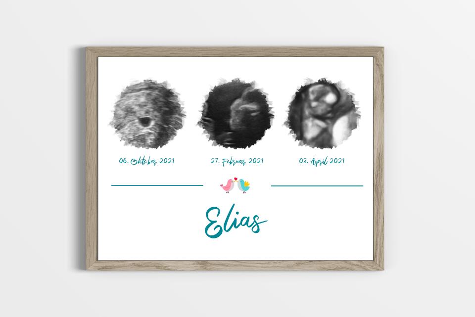Ultraschall Geschenk mit 3 Bildern • Personalisiertes Baby Erinnerungsbild mit Name und Datum • Schwangerschafts Erinnerung Poster