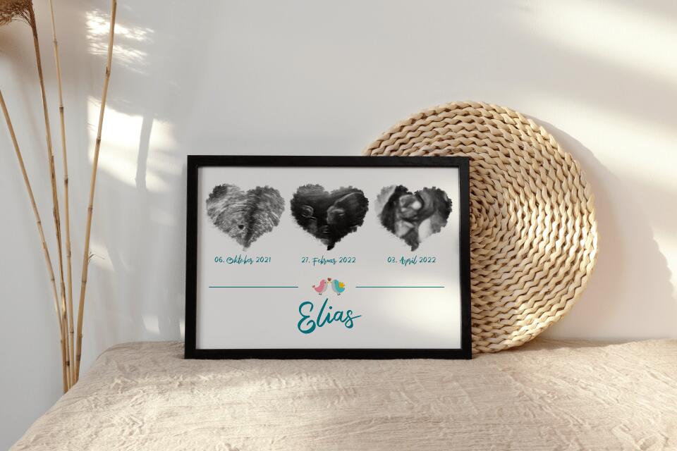 Ultraschallbild Herz mit 3 Bildern personalisiert • Geschenk zur Schwangerschaft • Baby Poster mit Name und Datum als Erinnerung