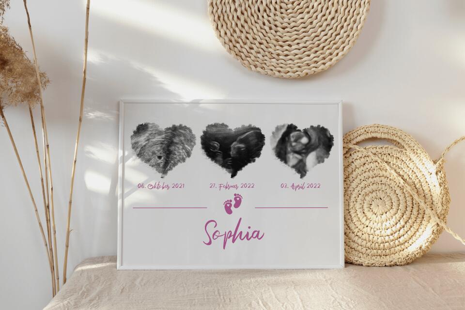 Ultraschallbild Herz mit 3 Bildern personalisiert • Geschenk zur Schwangerschaft • Baby Poster mit Name und Datum als Erinnerung
