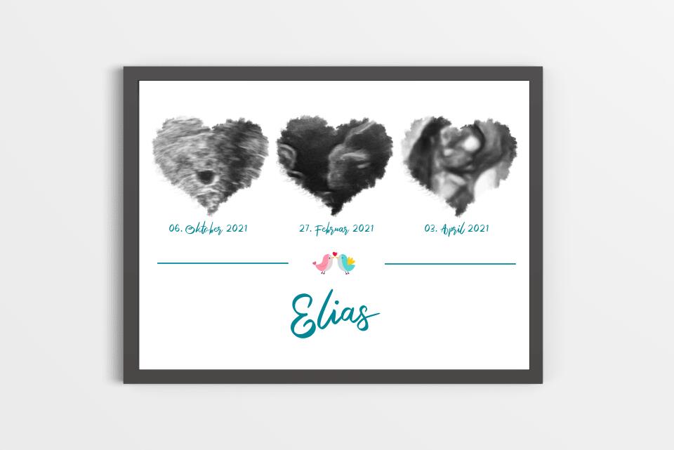 Ultraschallbild Herz mit 3 Bildern personalisiert • Geschenk zur Schwangerschaft • Baby Poster mit Name und Datum als Erinnerung