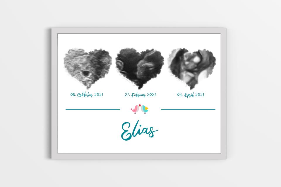 Ultraschallbild Herz mit 3 Bildern personalisiert • Geschenk zur Schwangerschaft • Baby Poster mit Name und Datum als Erinnerung