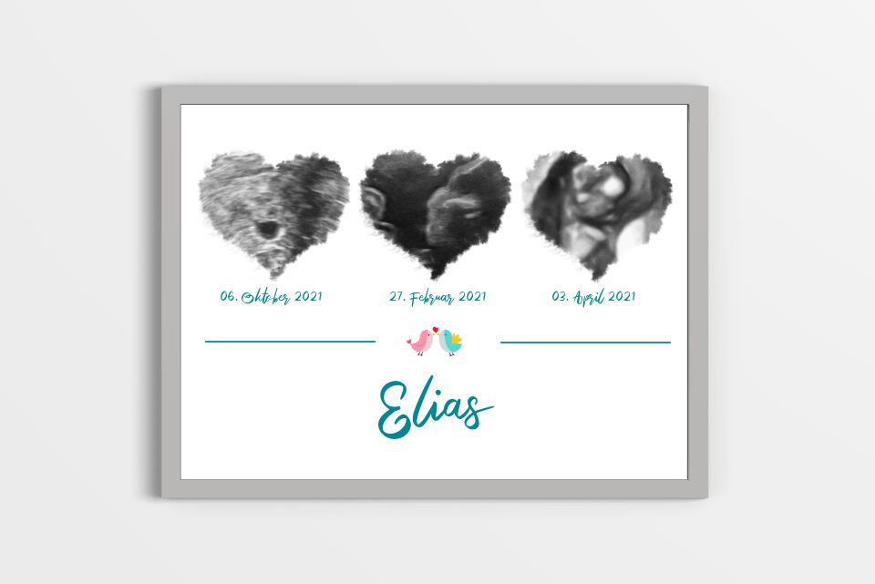 Ultraschallbild Herz mit 3 Bildern personalisiert • Geschenk zur Schwangerschaft • Baby Poster mit Name und Datum als Erinnerung