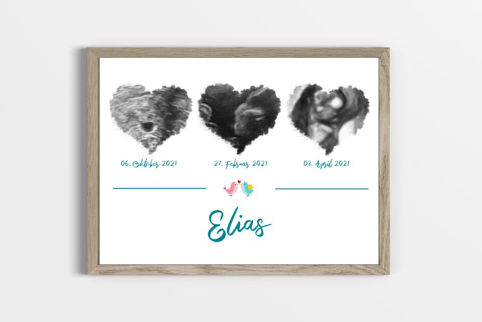 Ultraschallbild Herz mit 3 Bildern personalisiert • Geschenk zur Schwangerschaft • Baby Poster mit Name und Datum als Erinnerung