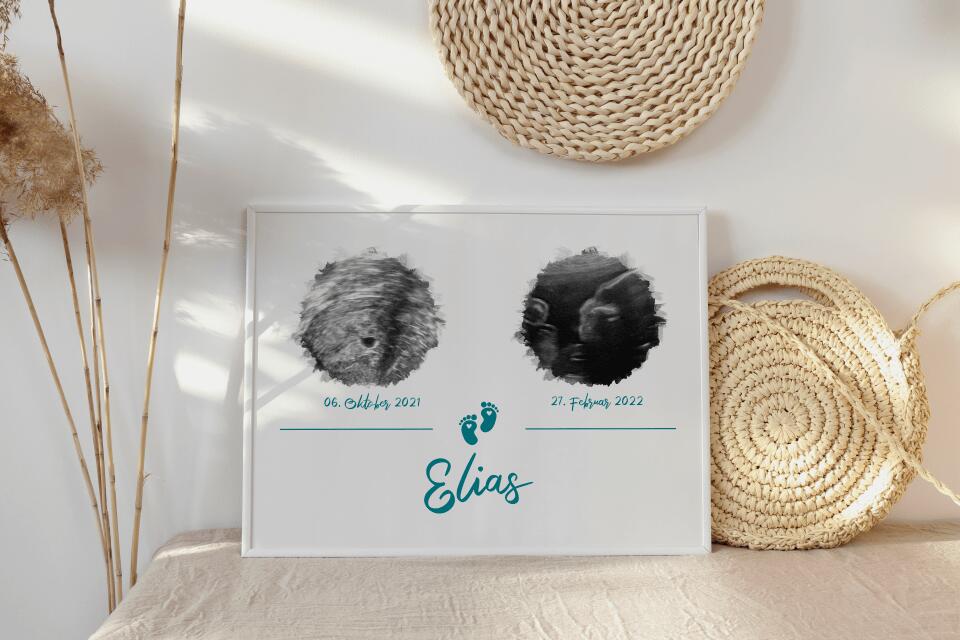 Personalisiertes Ultraschall Geschenk • Poster mit 2 Babybildern • Erinnerung an Schwangerschaft & Babyglück