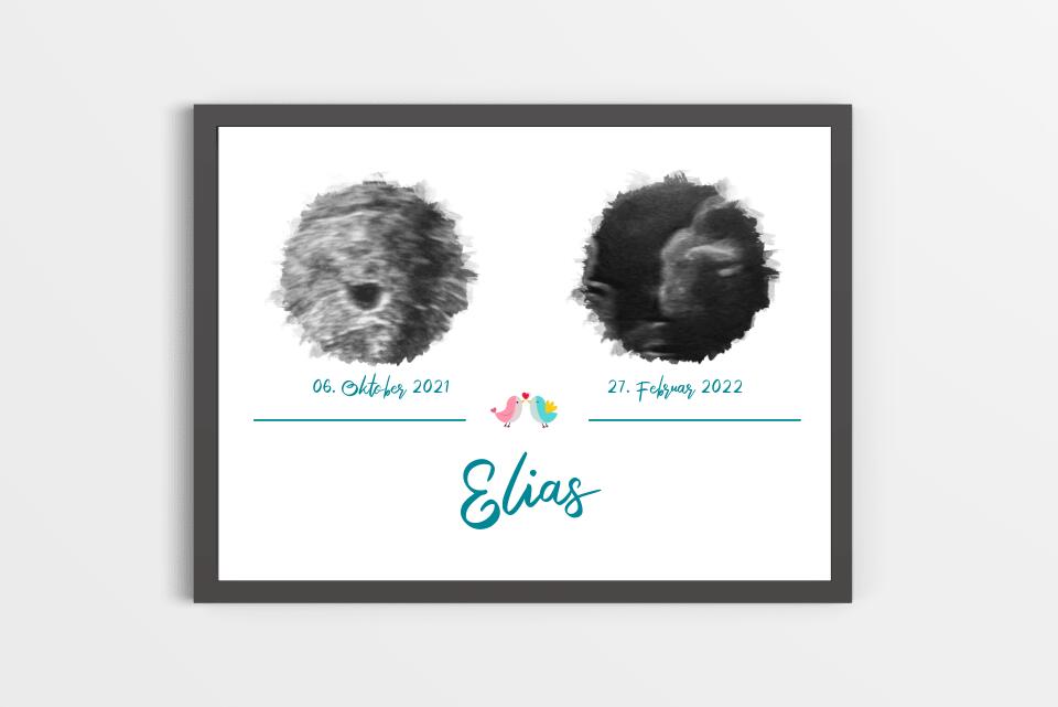 Personalisiertes Ultraschall Geschenk • Poster mit 2 Babybildern • Erinnerung an Schwangerschaft & Babyglück