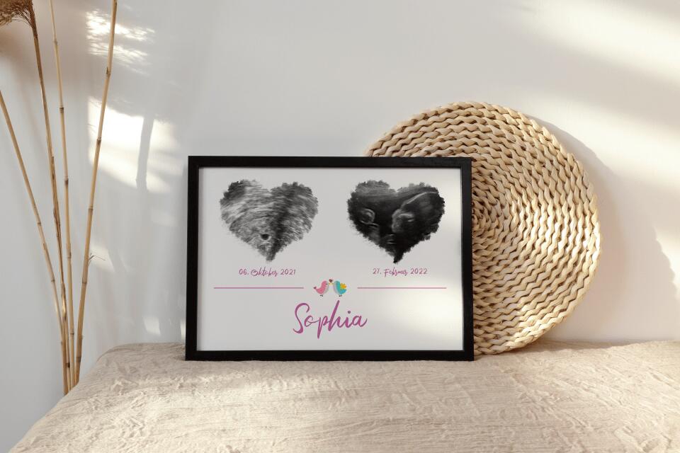 Ultraschall Poster Herz mit 2 Bildern • Personalisiertes Babybild mit Name, Datum • Geschenk zur Schwangerschaft oder Geburt