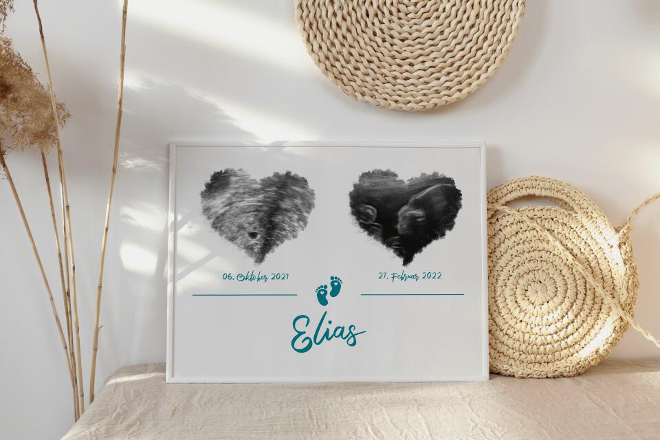 Ultraschall Poster Herz mit 2 Bildern • Personalisiertes Babybild mit Name, Datum • Geschenk zur Schwangerschaft oder Geburt