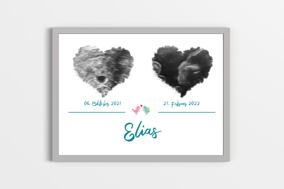 Ultraschall Poster Herz mit 2 Bildern • Personalisiertes Babybild mit Name, Datum • Geschenk zur Schwangerschaft oder Geburt