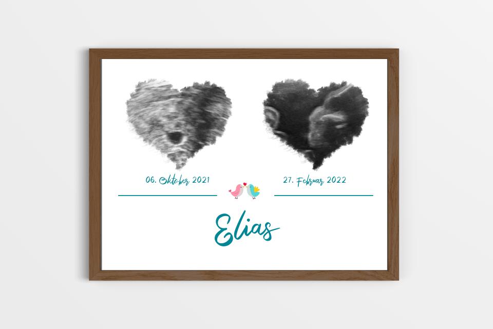 Ultraschall Poster Herz mit 2 Bildern • Personalisiertes Babybild mit Name, Datum • Geschenk zur Schwangerschaft oder Geburt