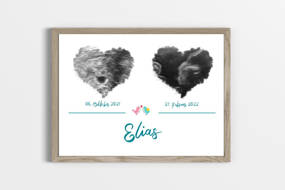 Ultraschall Poster Herz mit 2 Bildern • Personalisiertes Babybild mit Name, Datum • Geschenk zur Schwangerschaft oder Geburt