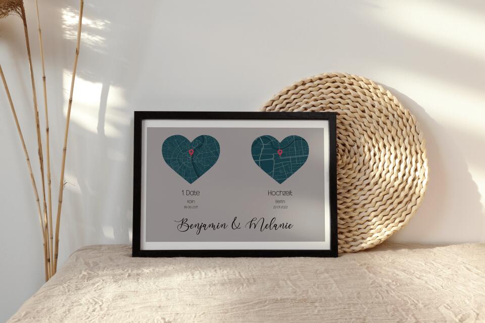Personalisierte Karten mit zwei Orten • Herzdesign • Geschenk zur Hochzeit oder zum Kennenlernen mit Namen und Datum