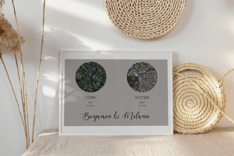 Personalisierte Karten mit zwei Orten • Herzdesign • Geschenk zur Hochzeit oder zum Kennenlernen mit Namen und Datum